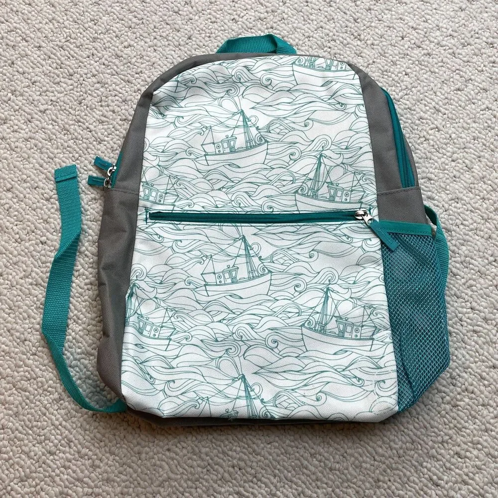 Unbranded Kids Backpack White Blue Boats Waves Mesh Pocket Zip School Straps